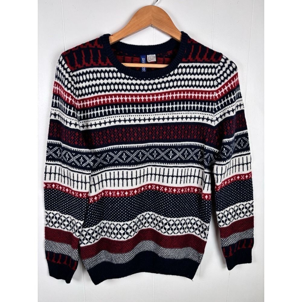Divided by H&M Mens Small Wool Blend Red Blue‎ White Striped Crewneck Sweater